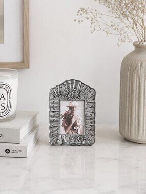 Vintage Russ Berrie Pewter Mini Picture Frame - Ornate Ruffle Fan Rose 2x3